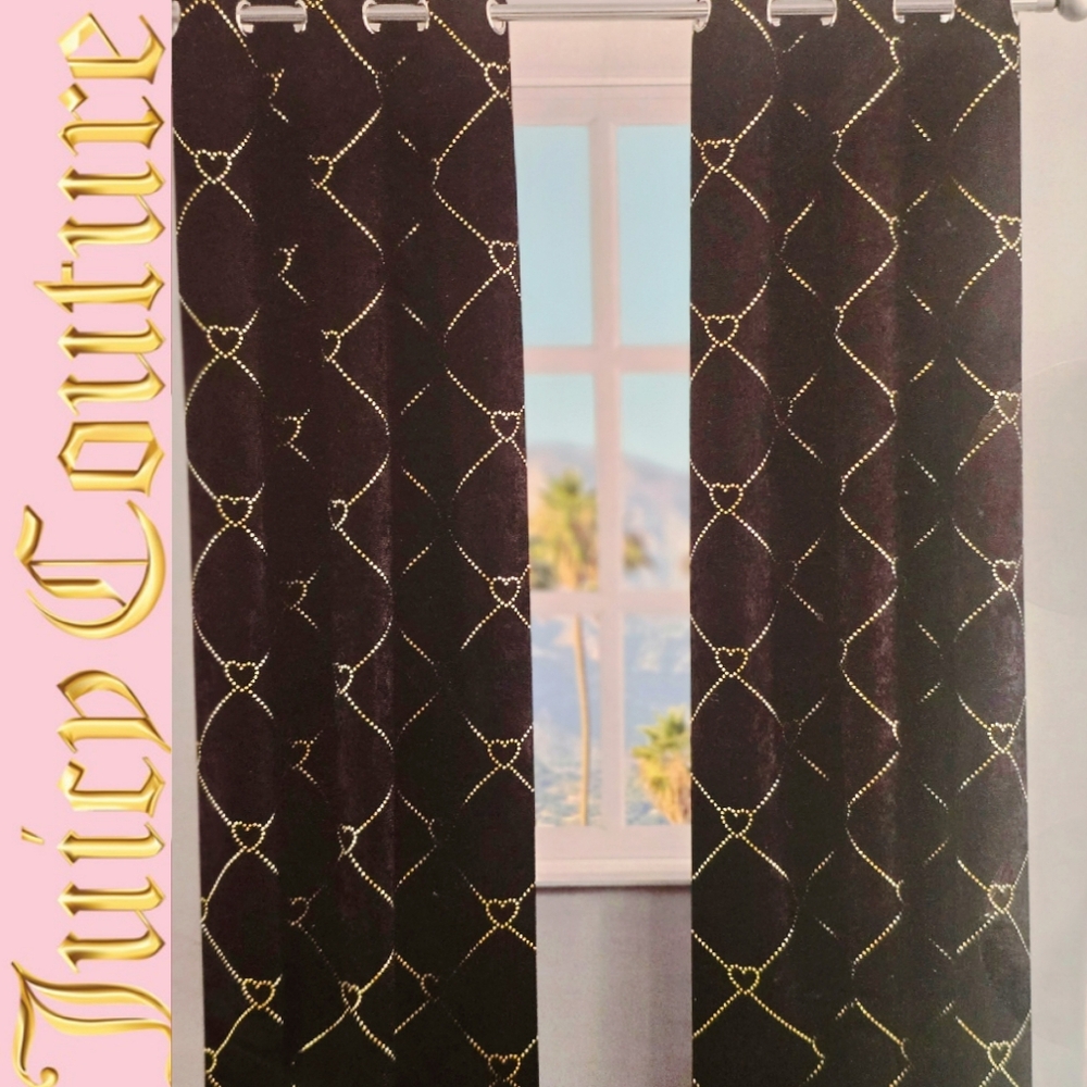 Juicy Couture Home 2-Faux Suede Darkening Gold Heart Chain Pattern Window Panels
